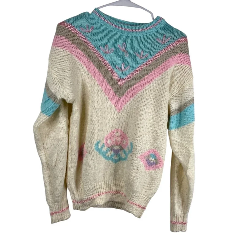Vintage Mister Noah Sweater Multicolor Sz M Pastel Pearls Cottage Core 90's 80's - Picture 1 of 13
